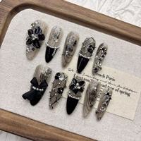 Faux ongles de luxe bleus papillon à presser, faits à la main, longs, pointus, en forme d'amande, couvrants, avec fleurs 3D et strass – Fournisseur