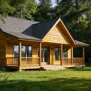 Cabane en rondins de pin préfabriquée de 70 m² avec 2 chambres, maison de <span class=keywords><strong>vacances</strong></span> en bois naturel avec porche ouvert et balcon, maison modulaire en bois pour complexe hôtelier - Product Image 1