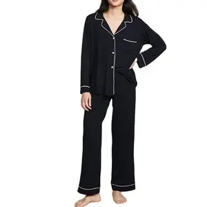 Women Night Wear Long Sleeve Shirts and Wide Leg Pants 2 Pieces Pajama Set Summer Breathable Soft Modal Piping Sleepwear