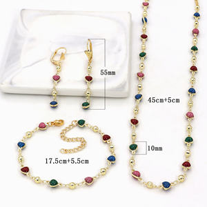 Parure de bijoux trois pièces plaqué or 14 carats avec zircon, motifs gouttes d'huile, yeux bleus et rouges, et cœur, pour femme - Product Image 2