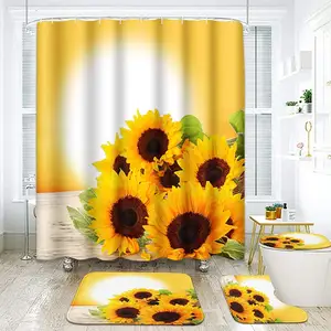 定制浴室100% 聚酯窗帘套装防水3d印花淋浴4pcs窗帘地毯
