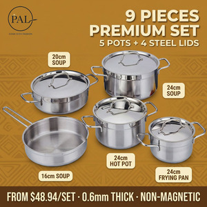 Set di Pentole in Acciaio Inox Rinforzato 9 <span class=keywords><strong>Pezzi</strong></span> con Pentola per Zuppa, Pentola per Salse, Padella e Coperchio Piatto in Acciaio per Cucina Domestica e Professionale - Product Image 5