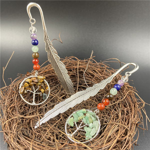 Mới đến đá quý tự nhiên bảy Chakra Bookmark cây của cuộc sống chữa bệnh Reiki Mặt dây chuyền Bookmark retro kim loại lông lá Bookmark - Product Image 5