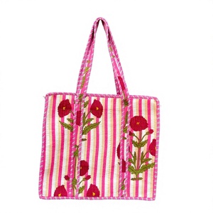 Pink Striped Floral Quilted Cotton Tote Bag Handblock Print Shopper Bag Lightweight Travel <b>Beach</b> Everyday Carryall Stylish - Product Image 1