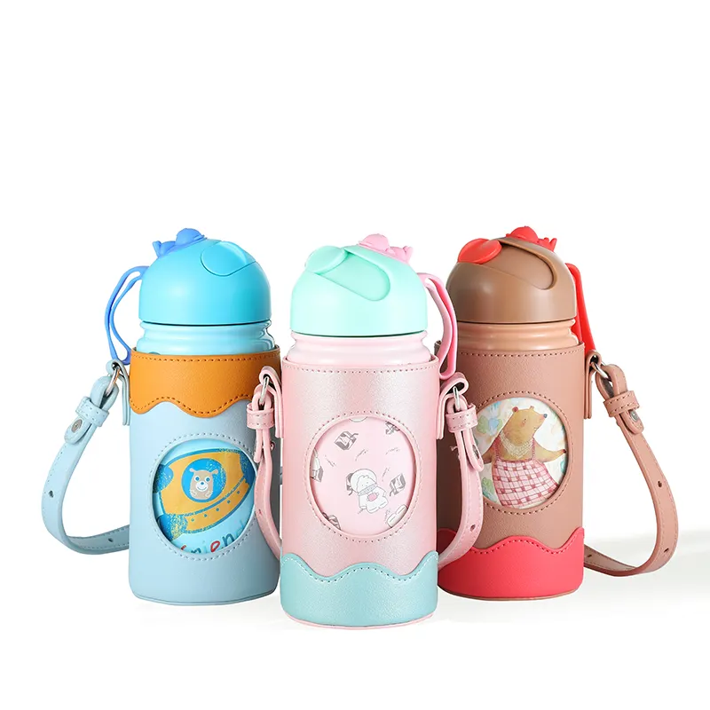 New Design 14 oz ODM Stainless Steel Kids Drinking Cartoon Insulated Water Bottle with Straw Lid And Leather Sleeve