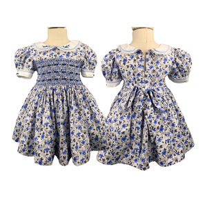 Robe de princesse personnalisée du fabricant pour bébé fille smockée 100% coton bleu avec motif floral ensemble de tissu en bambou - Product Image 2