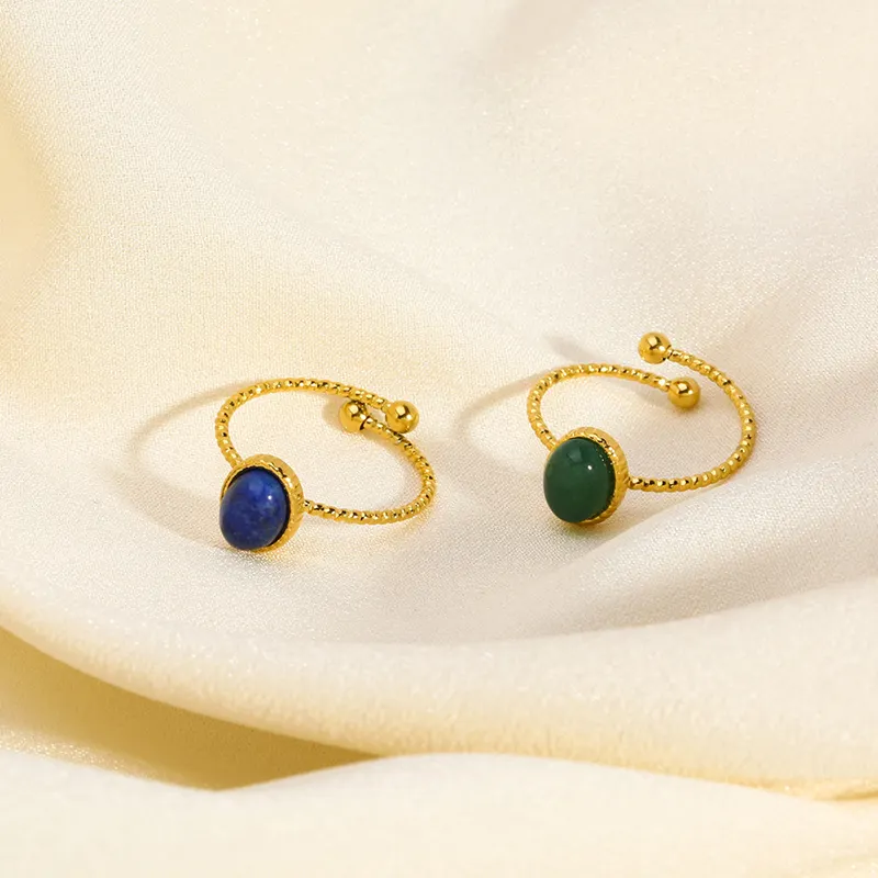 Cincin baja tahan karat berlapis emas 18k batu alami Lapis giok hijau Oval cincin dapat disesuaikan untuk wanita pesta Bijoux Femme