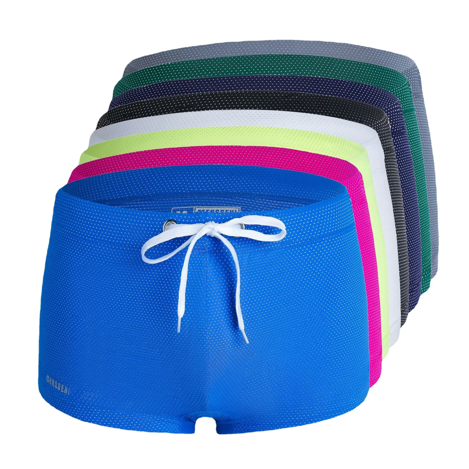 Short de praia masculino, shorts de cintura baixa de nylon para homens, moda praia com ângulo plano