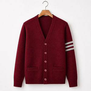 Cardigan con Scollo a V Grigio a Righe <span class=keywords><strong>Bordeaux</strong></span> con Logo Personalizzato, Maniche Lunghe, Colore Unito, in <span class=keywords><strong>Maglia</strong></span> Acrilica, per <span class=keywords><strong>Donna</strong></span>, Autunno Inverno - Product Image 1