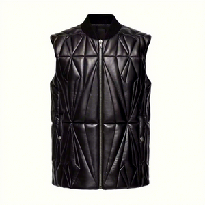 <b>Men's</b> Black PU <b>Leather</b> Quilted <b>Vest</b> With Zipper Closure Geometric Pattern Windproof Winter Outerwear Casual Style - Product Image 1