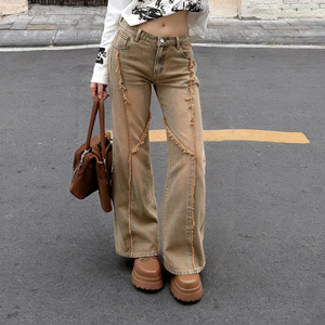 Jean délavé à bords bruts taille basse coupe droite ample en denim pour femme style Y2K vintage décontracté - Product Image 3