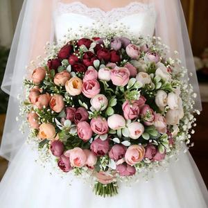 Ramo de Rosas Artificiales, Flores de Seda Artificiales para Boda, Pequeñas Rosas de Té y Peonías para Eventos, Decoración de Pasteles de Boda y Regalos - Product Image 2