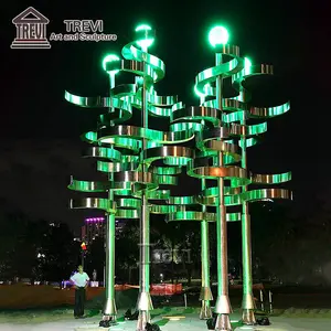 Escultura de vento cinético giratório de aço inoxidável para arte ao ar livre com luzes LED