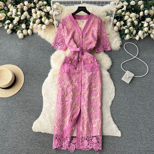 Style d'été léger <span class=keywords><strong>Mature</strong></span> simple boutonnage Robe pour femme à manches courtes Dentelle creuse Impression sexy Taille douce Taille naturelle - Product Image 2