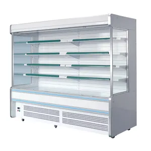 multi deck open meat display refrigerator fruit in supermarket