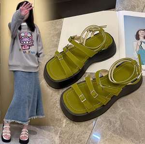 Nouvelles sandales décontractées pour femmes à talons compensés plats, plateforme tressée avec nœuds, antidérapantes, à brides croisées, printemps-été - Product Image 3