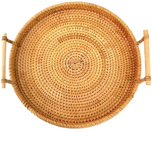 Handcraft Rattan Woven Round Serving Tray for Bread Fruit Snack Platter Storage Basket
