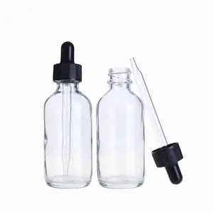 1oz 2oz 30ml 60ml बोस्टन पिपेट के साथ एम्बर स्पष्ट सीरम तेल गिलास Dropper बोतल