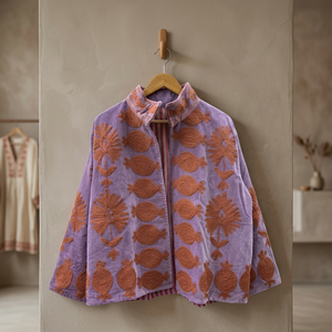 Blouson en velours violet brodé avec col montant, manches longues, vêtement d'extérieur pour femme, automne, manteau à motifs fait main - Product Image 4