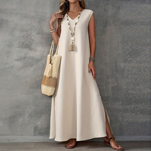 <span class=keywords><strong>Robe</strong></span> d'été élégante sans manches à col en V pour femmes avec fente latérale à paillettes tissu en mousseline de soie chic taille naturelle lavable - Product Image 1