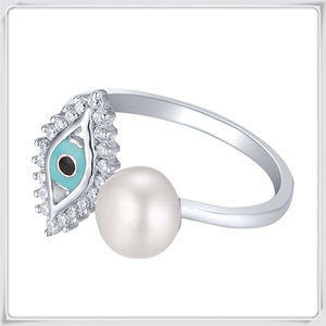 Anillo de Plata de Ley 925 con Baño de Rodio, Talla Abierta, Ojos Azules con Perla de Agua Dulce y Esmalte, para Uso Flexible - Product Image 5