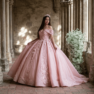 Vestido de Quinceañera Lsany232 Rosa, Estilo Princesa, Natural y Atractivo, con Apliques de Encaje, Cola de Capilla, Largo hasta el Suelo, para Ceremonia - Product Image 1