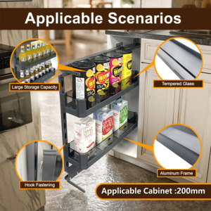 Organisateur de cuisine moderne, étagère à épices extractible, étagère de rangement, écologique, multifonction, 2 étagères, armoire cachée, côté en verre, extraction latérale - Product Image 2