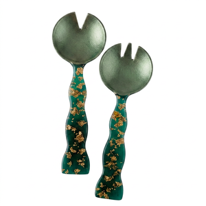 Ensemble de fourchettes à salade en résine artisanale, effet miroir marbré vert et or, ustensiles de service pour la table, la cuisine, les fêtes et l'hôtellerie - Product Image 1