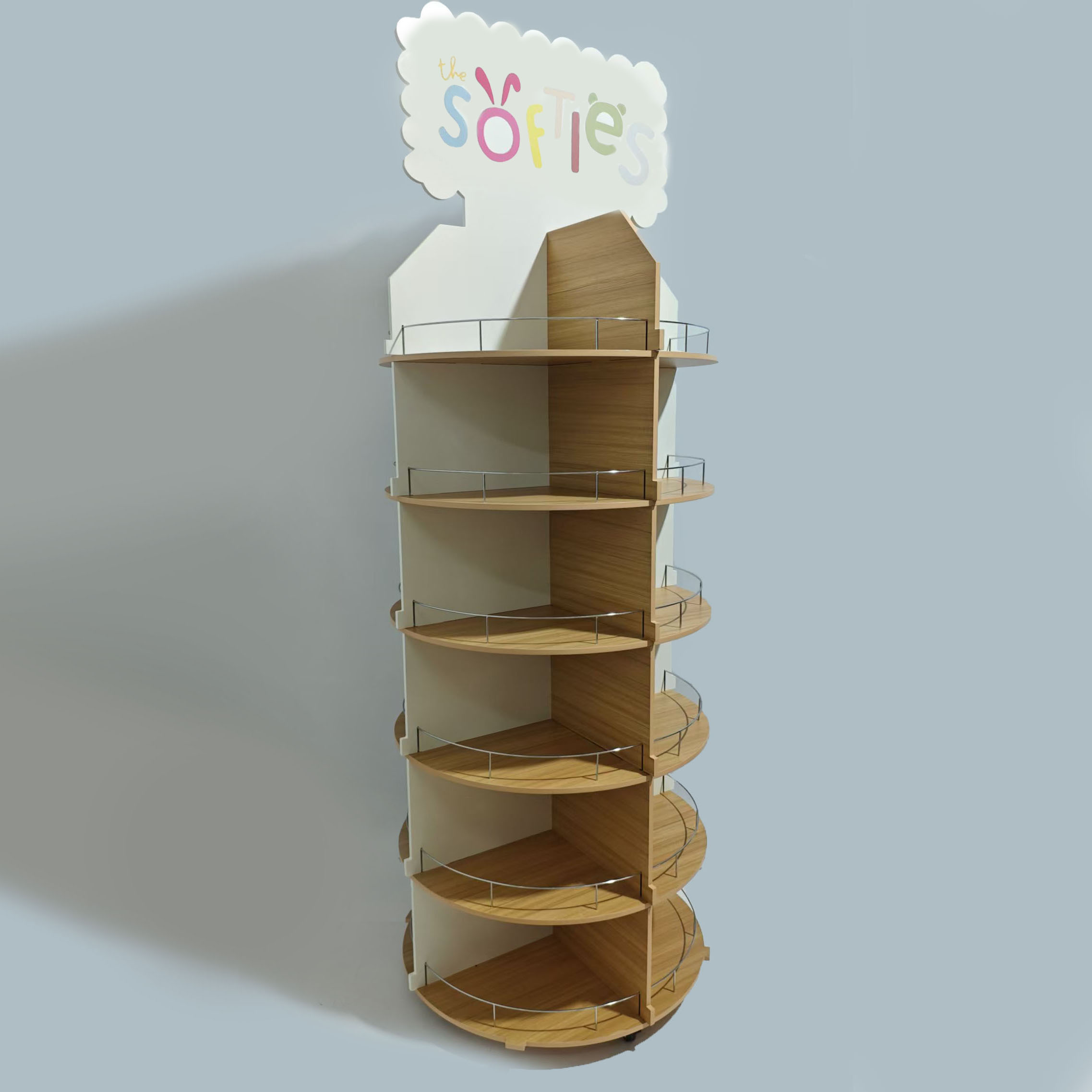 Round Beverage Display Stand Wooden Multi-tier Wine Storage Display Rack Detachable Beer Drink Shelf with Metal Fence and Caster — view 4