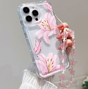 Coque de téléphone portable anti-chute et antichoc avec bracelet, motif fleur de lys rose, pour <span class=keywords><strong>iPhone</strong></span> 11 12 13 14 15 16 17 - Product Image 1