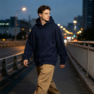 Men's Oversized Hooded <b>Sweatshirt</b> Solid <b>Navy</b> Cotton Knitted Casual Streetwear Autumn Fit Regular Sleeve Pocket Design - Product Image 1