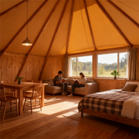 Tente de glamping familiale 2 chambres, structure en acier, toile PVC imperméable, quatre saisons, ignifuge, ouverture rapide, écologique, style safari, pour resort
