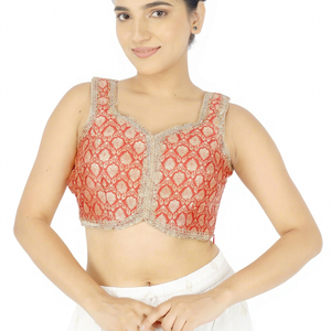 <b>Red</b> Solid Woven Brocade V-neck Tank Short Crop Top Traditional <b>Women's</b> <b>Blouse</b> for Party and Festival Wear - Product Image 1