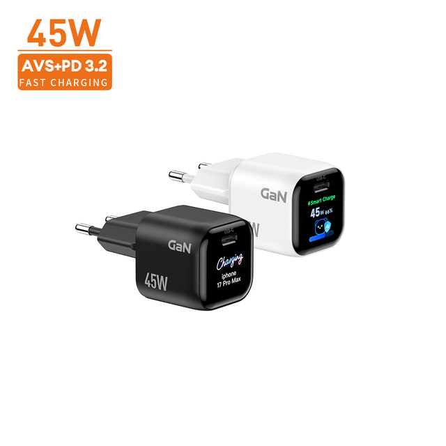 45W Mini Single C Gan Charger With TFT Smart Display AVS PD3.2 Wall Charger Adapter for iPhone Samsung Galaxy Mobile Phones