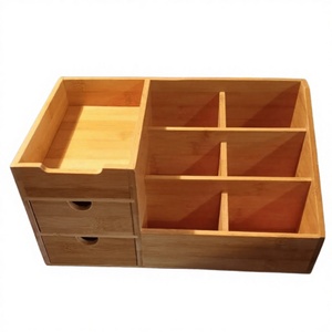 Classic Rectangle Bamboo Desktop Organizer Wooden Cosmetic Makeup Organizer Box with <b>Drawers</b> <b>for</b> Office Sundries <b>Storage</b> - Product Image 2