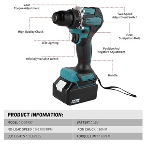 Taladro Atornillador Inalámbrico Sin Escobillas Makiit Light DDF487, 40N.m, Doble Velocidad, para Hogar, Auto, Madera, Perforación <span class=keywords><strong>de</strong></span> Láminas Delgadas, Antideslizante, Fijación Rápida - Product Image 2