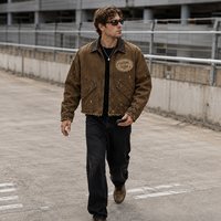 Veste pour homme OEM en toile de coton marron effet éclaboussures de peinture, col en velours côtelé, style streetwear décontracté et vêtement de travail robuste