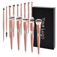 Ensemble de 14 pinceaux de maquillage OEM/ODM, luxe, rose brillant, étiquette privée, paillettes, végan, avec support et nettoyant, personnalisable avec diamants.