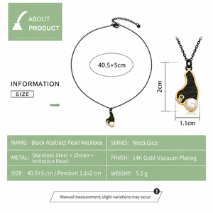 Collier de perles abstraites noires en acier inoxydable plaqué or 14 carats avec pendentif en zircon 40,5+5 cm - Product Image 3