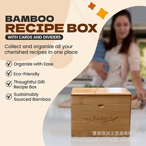 Caja de recetas de bambú con divisores, organizador de almacenamiento de madera para recetas de cocina - Product Image 1