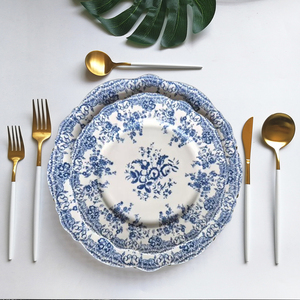 Services de table vintage à motifs floraux roses, bleus, noirs, verts – Assiettes de présentation et assiettes plates pour mariage en porcelaine fine – Plateau décoratif - Product Image 2