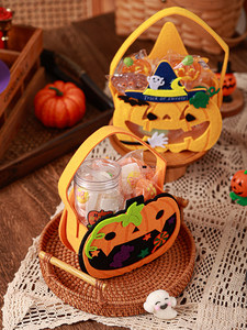 Cesto in feltro per caramelle di Halloween, borsa tote a forma di gatto e pipistrello per il Festival dei Fantasmi, borsa decorativa colorata a forma di zucca per dolcetti - Product Image 3