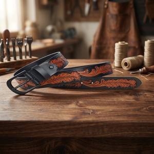 Customized hand carved Lead Design Embossed Black Western <b>leather</b> <b>tooling</b> belt for men and women with black buckle set - Product Image 1