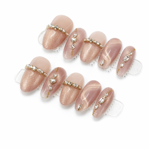 Uñas postizas estilo ojo de gato francés con purpurina de diamante, cobertura completa, reutilizables, acrílicas, medianas, forma ataúd, para mujer - Product Image 2