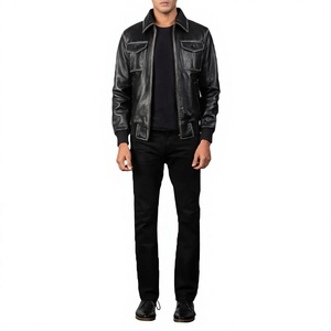 Chaqueta de Cuero Negra para Hombre LONG MISSION INDUSTRY, Cuello Mao, Cierre de Cremallera, Estilo Motero, con Bolsillos con Botones, para Invierno - Product Image 4