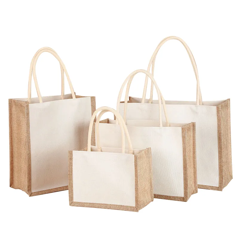 Sac de cadeaux en toile de Jute réutilisable avec poignées, fourre-tout en toile de Jute vierge en vrac pour femmes, épicerie du marché