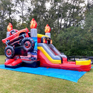 Château gonflable Monster Truck pour enfants, utilisation extérieure, avec toboggan, capacité 500 kg, garantie 3 ans - Product Image 1