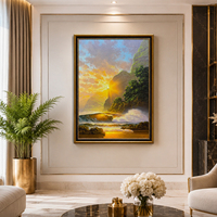 Peinture à l'huile peinte à la main Coucher de soleil sur la mer, Vague de l'océan, Falaise, Rayons de soleil dorés, Paysage marin de la côte rocheuse, Décoration murale sur toile