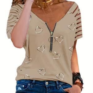 Camiseta de manga corta informal transpirable con cuello en V para mujer, tela tejida comprimida antibolitas holgada con cremallera conveniente - Product Image 2