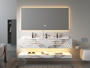 Set Mobile Bagno Moderno a Parete a Doppio Strato in Ardesia, Resistente all'Acqua, con Specchio LED e Lavabo in Ceramica - Product Image 6